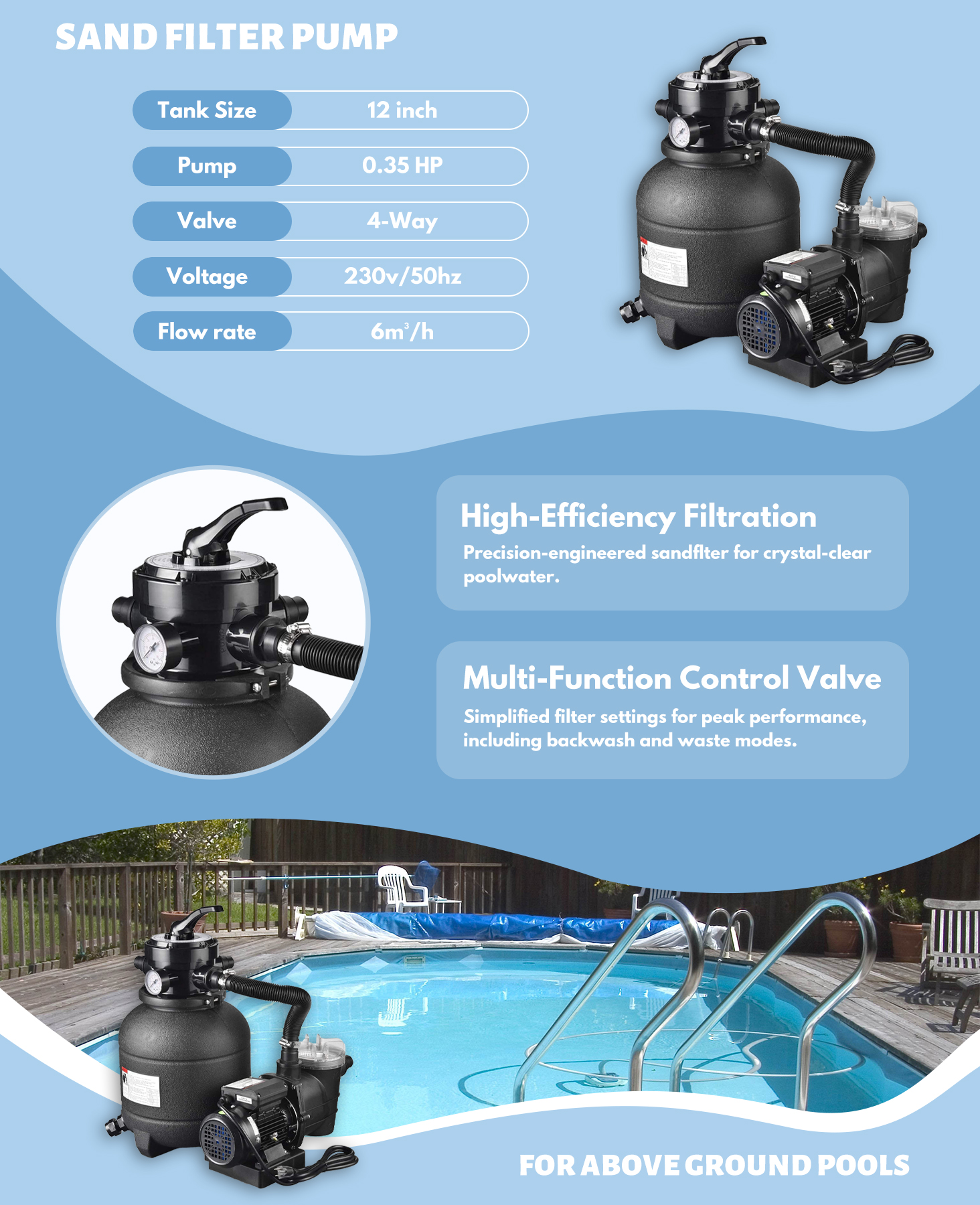 12 Inch Hot Tub Sand Filter System with 1/3 hp Pool Pump Prefilter for Spa and Above Ground Pool Filter