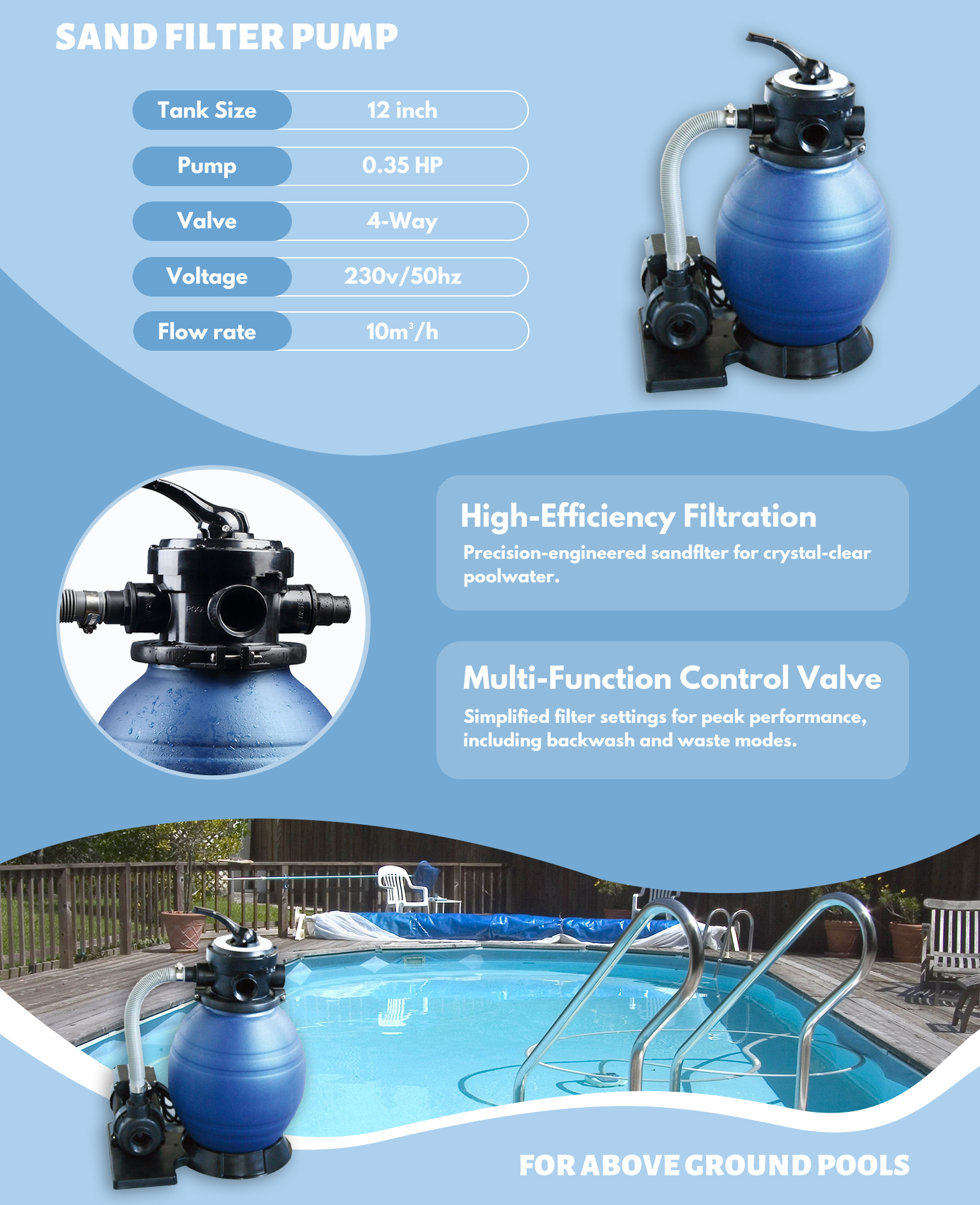 12 Inch Sand Filter Pump System with 0.35HP Prefilter Pump 4 Way Valve Pool Filter System
